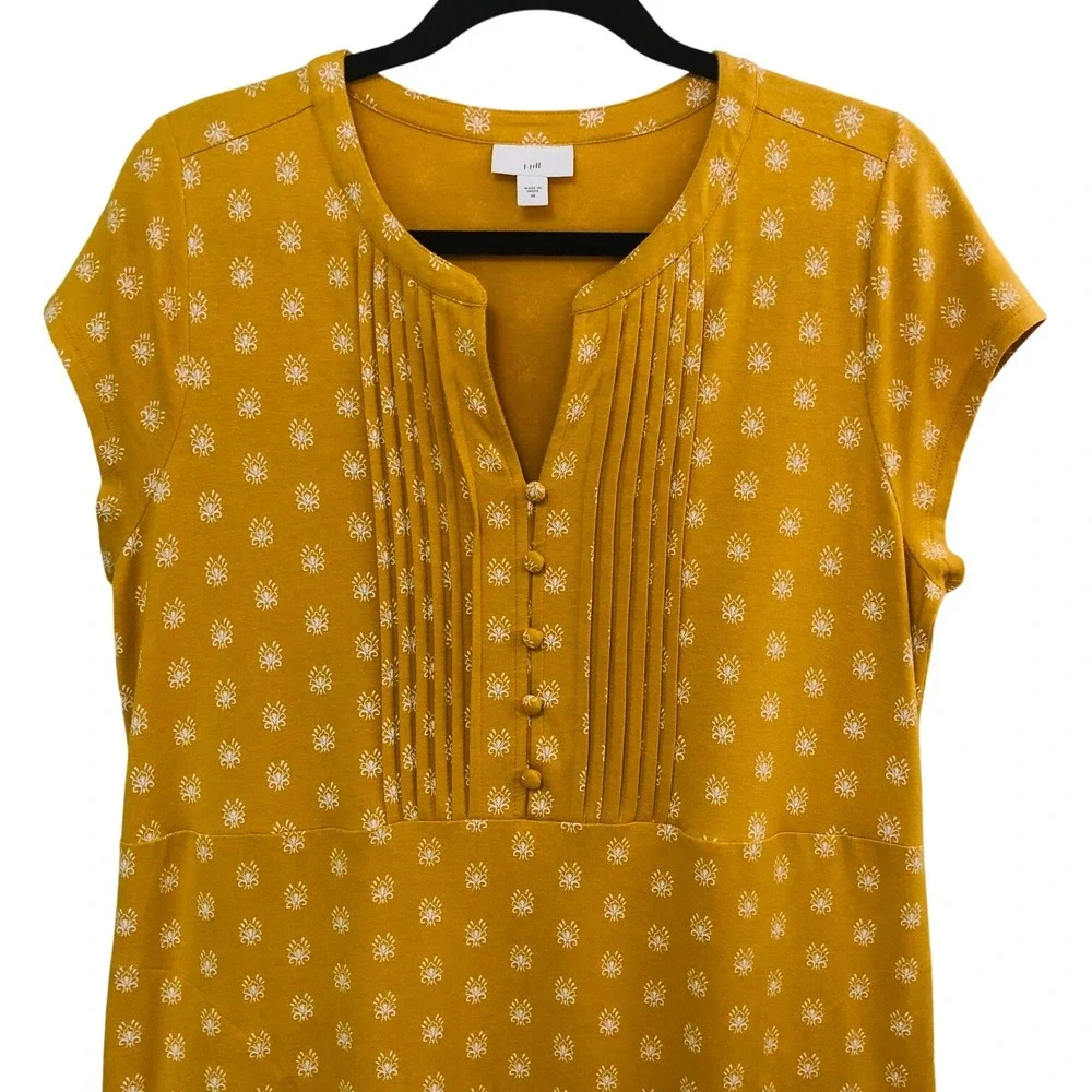 J Jill Mustard Yellow Paisley Pintuck Dress Pocket Stretch Office Artsy Womens M - Picture 2 of 10